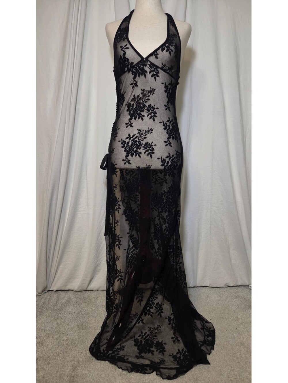 Halter Dress Black Floral Asymmetric Lingerie Lace Up Grunge-S